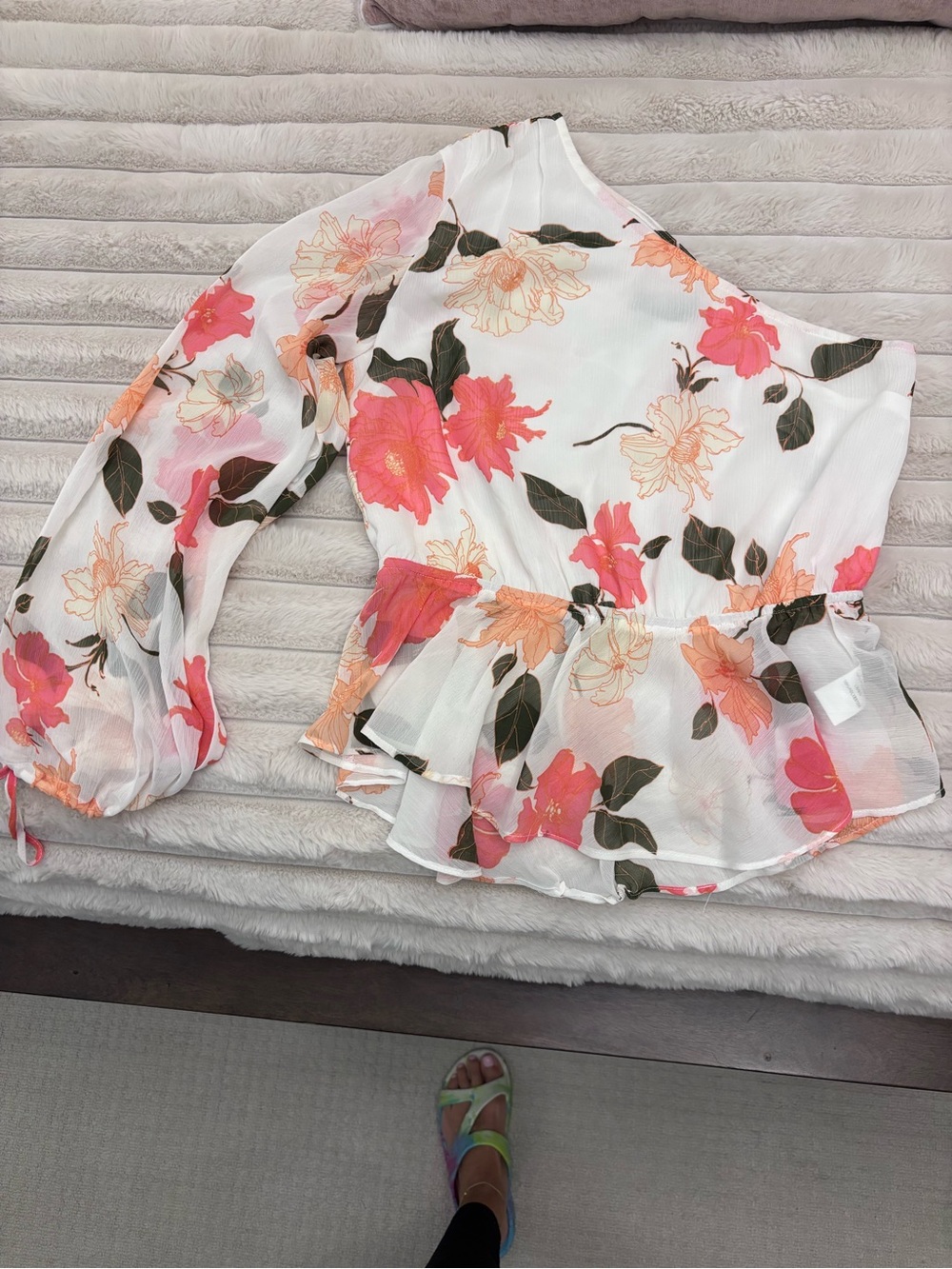 Vici Floral One-Shoulder Peplum Blouse in White, Pink, Peach